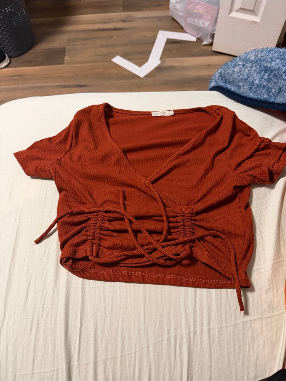 Heart & Hips Ribbed Drawstring V-Neck Crop Top in Rust